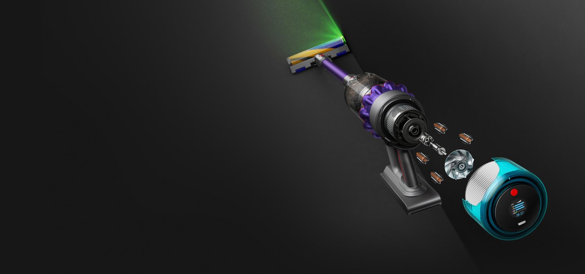 Overhead view of Dyson Gen5detect showing the LCD screen and the illuminated cleaner head.