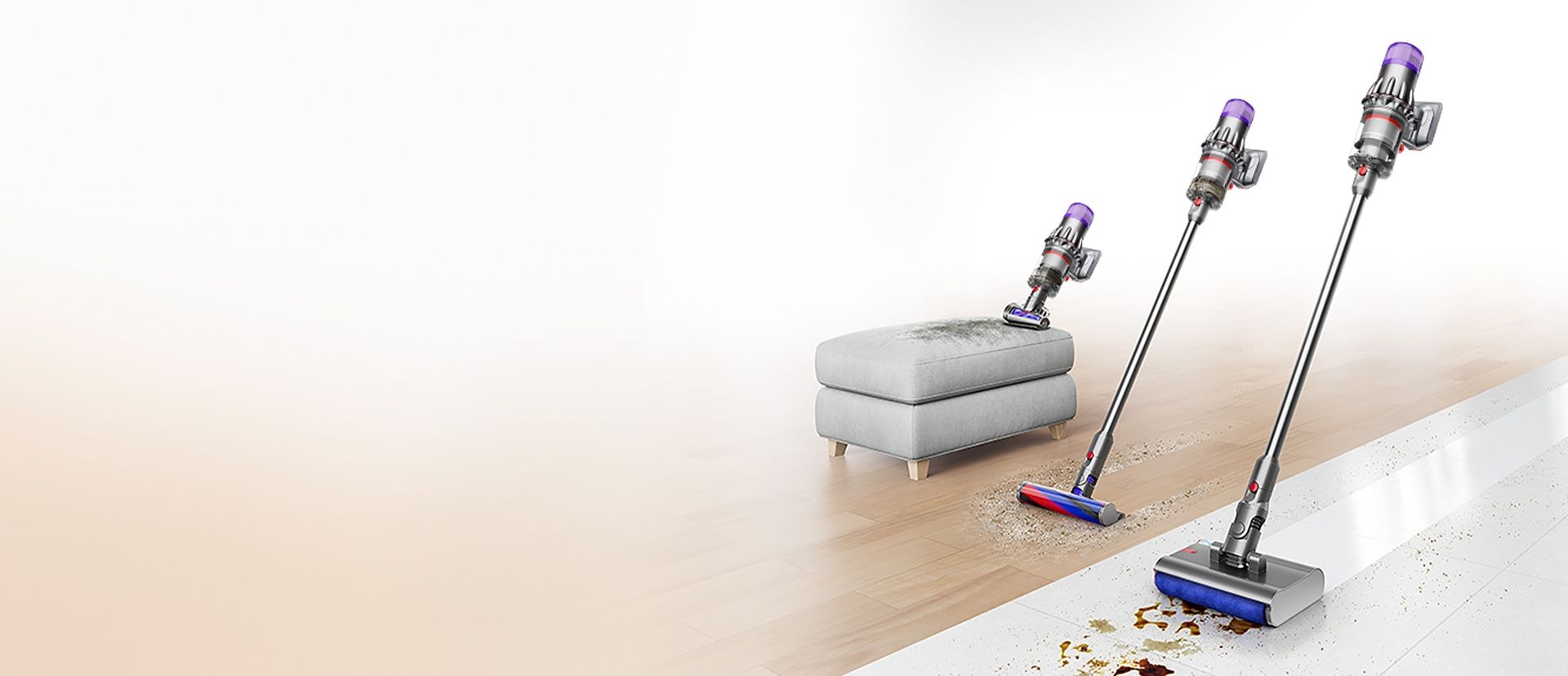 Dyson Digital Slim Submarine™ wet & dry vacuum cleaner being used in three different scenarios. 