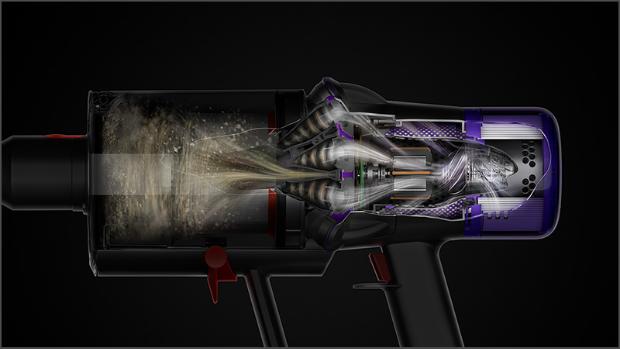 Dyson Digital Slim Submarine 洗地吸塵機的剖面圖,顯示摩打在轉動。