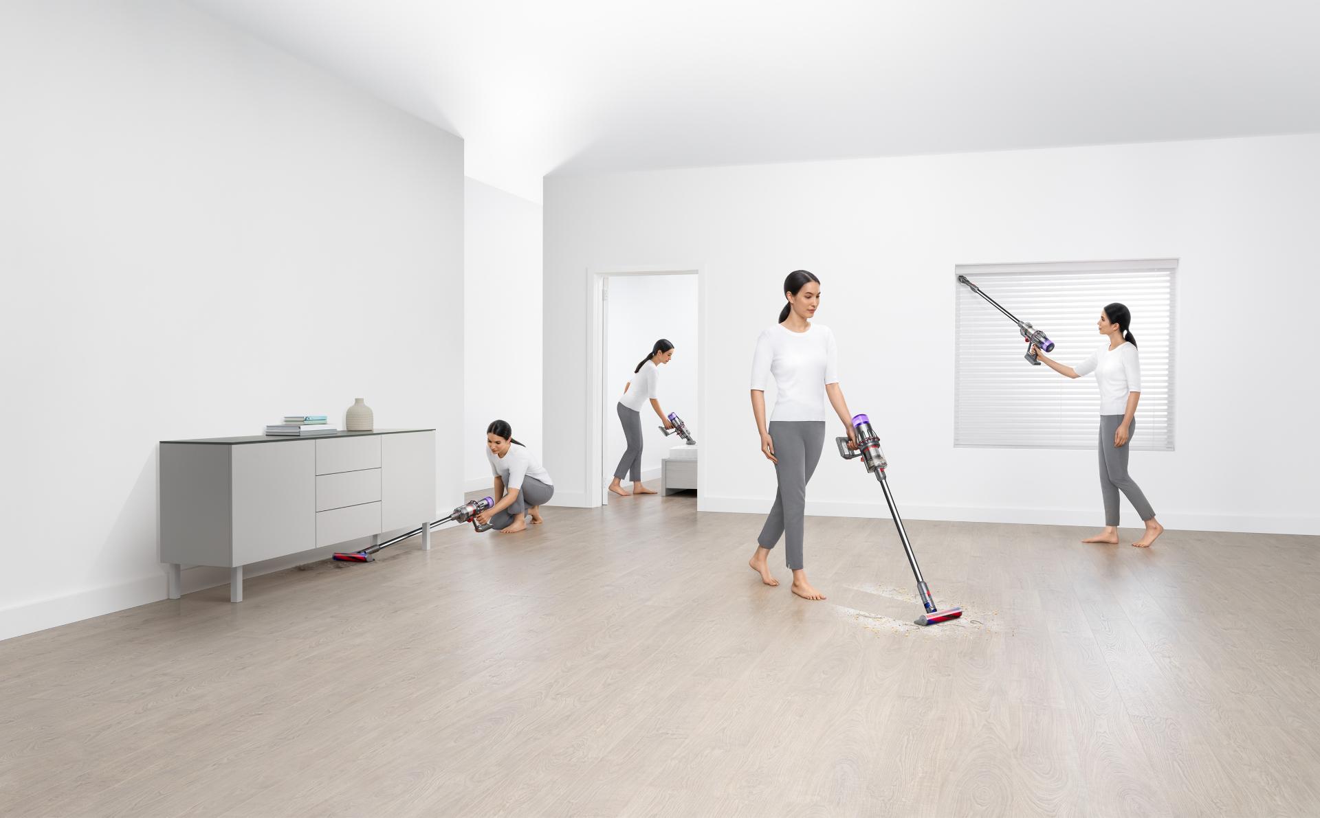 女性正在清潔家中不同位置的圖像。