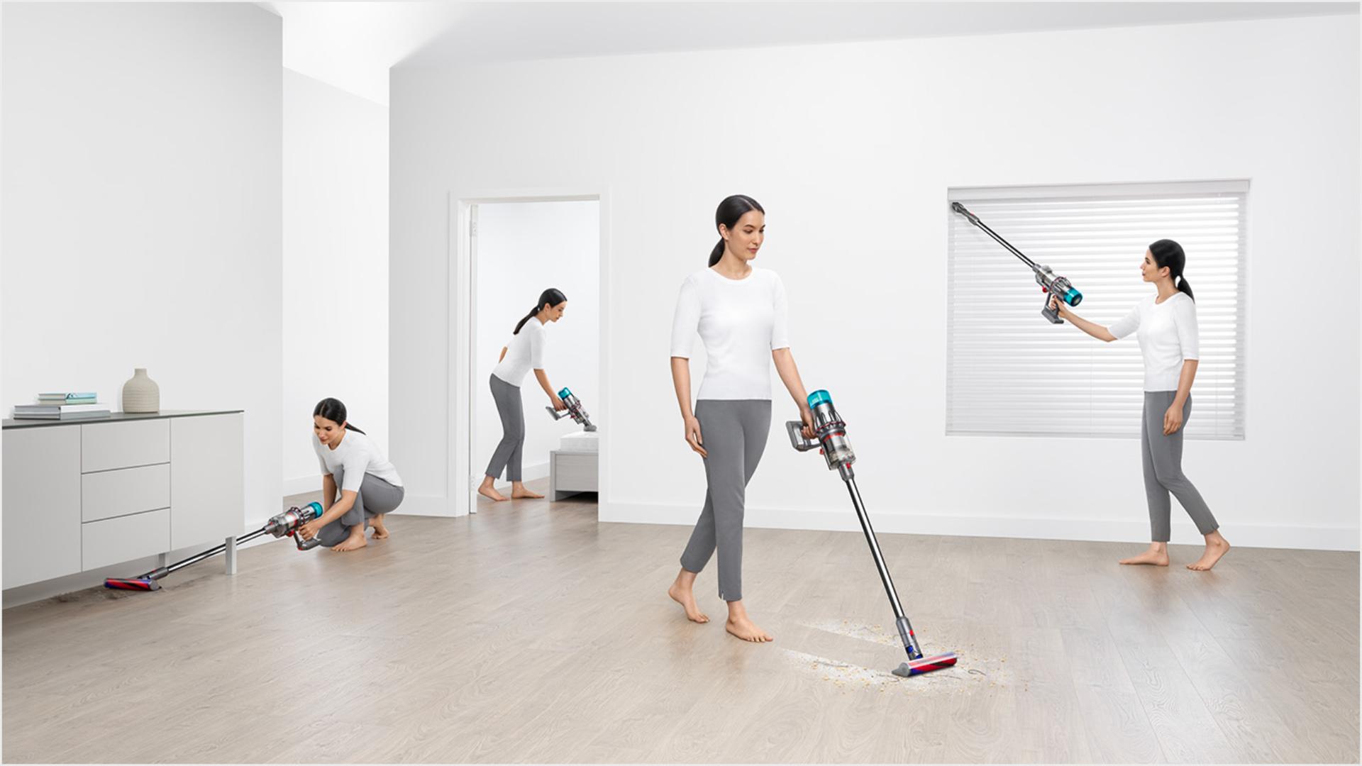 Woman cleaning three different ways around the home