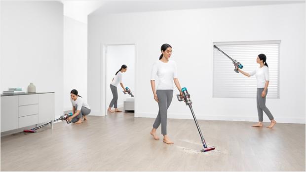 Woman cleaning three different ways around the home