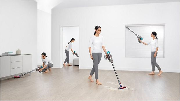 Woman cleaning three different ways around the home