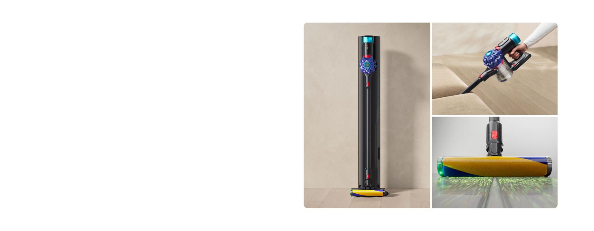 Dyson V10 Konical on its dock with highlights of handheld mode and the cleaner head.