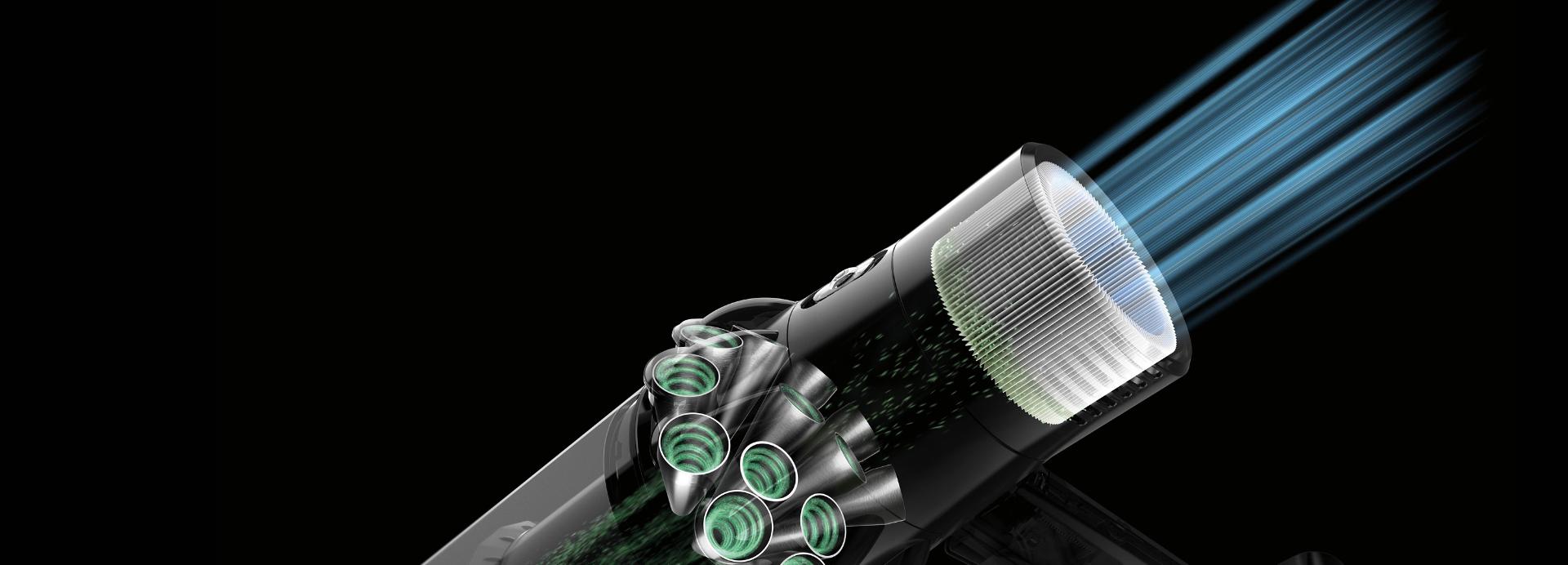 Dyson Cyclone V10™ 吸塵機排出更乾淨的空氣的動畫