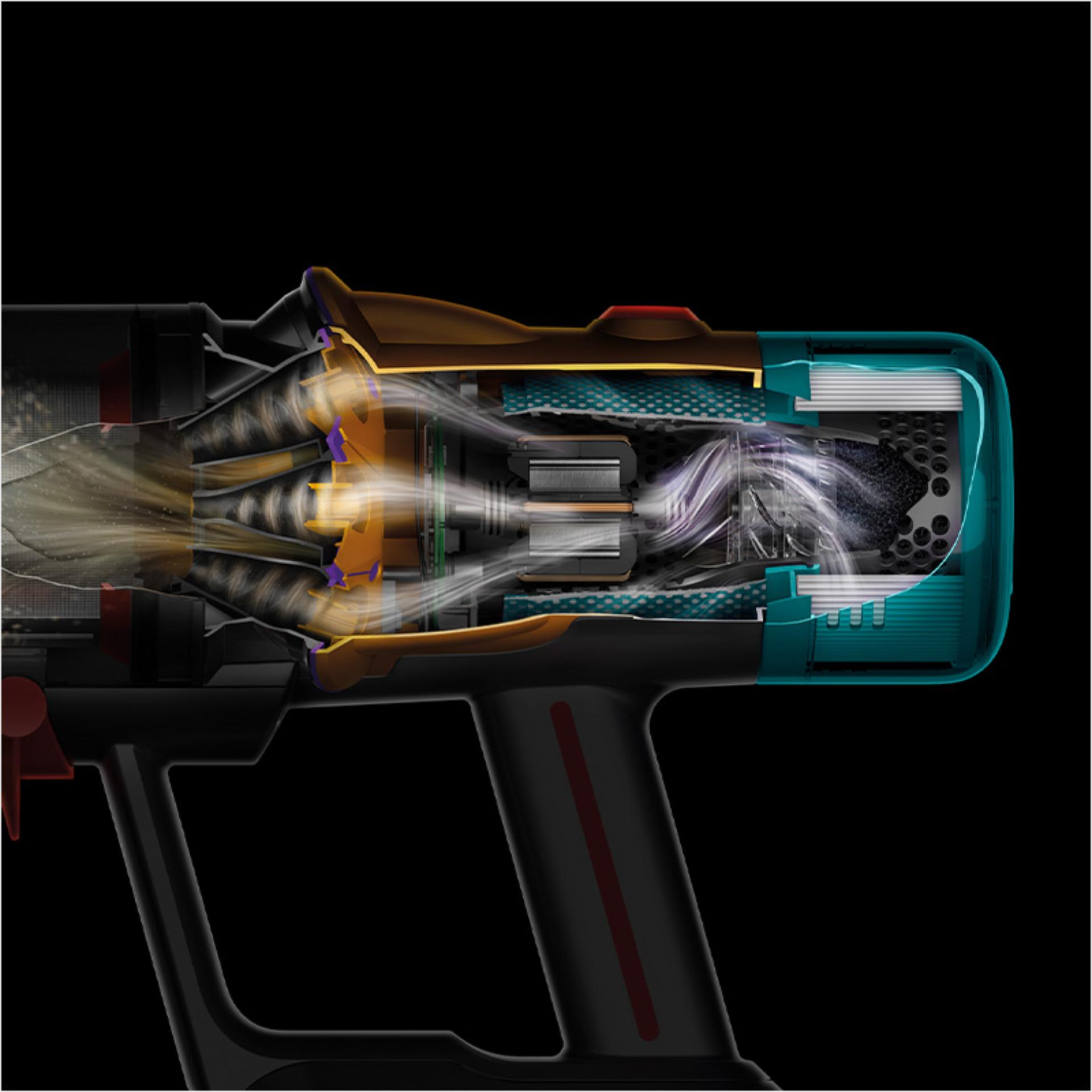A cutaway of the side of a V12s showing debris being filtered throughout the machine.