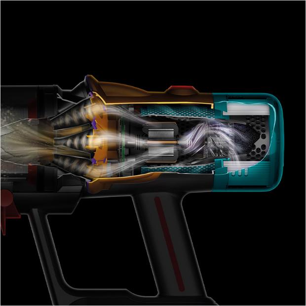 A cutaway of the side of a V12s showing debris being filtered throughout the machine.