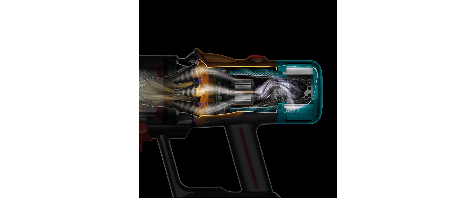 A cutaway of the side of a V12s showing debris being filtered throughout the machine.