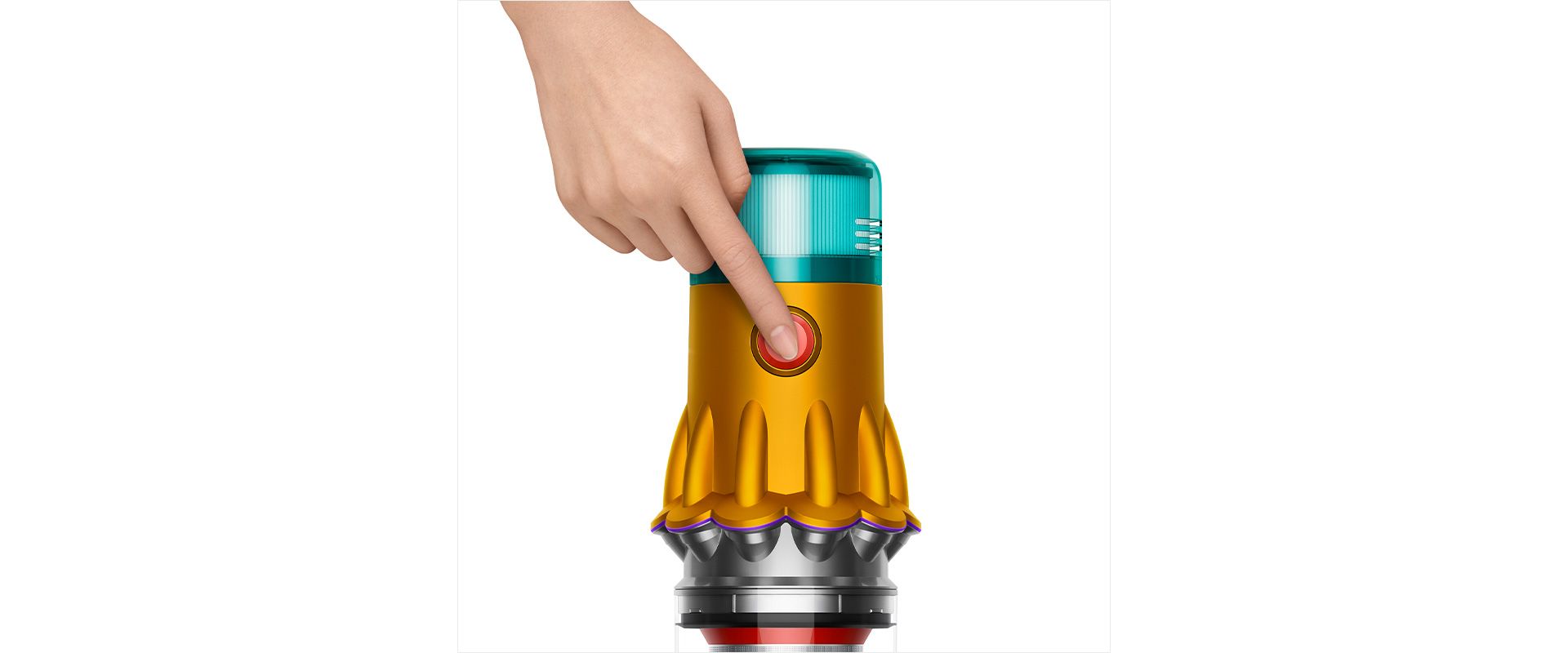 A hand pressing the power button of the V12s.