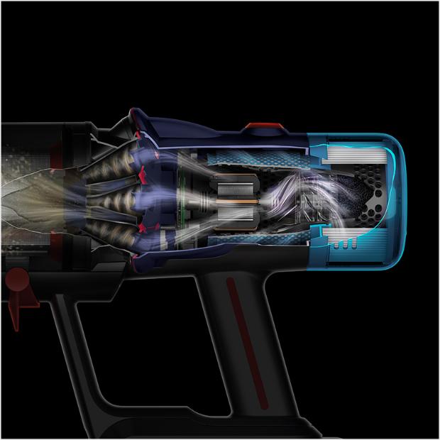 A cutaway of the side of a V12s showing debris being filtered throughout the machine.