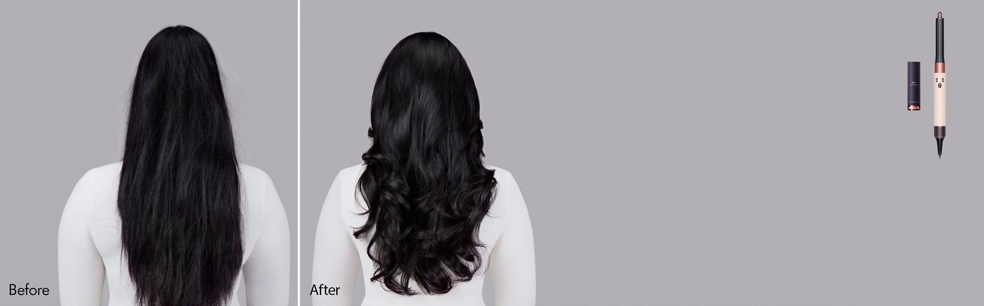 Dyson Chitosan Pre-style cream before and after results on straight hair.