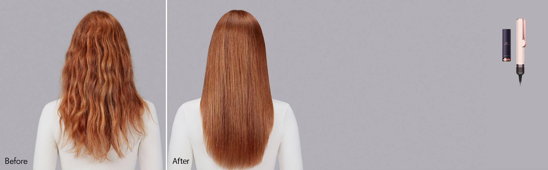 Dyson Chitosan Pre-style cream before and after results on wavy hair.