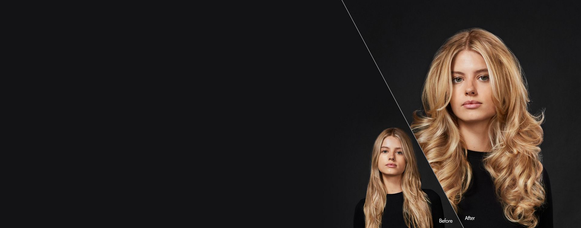 A blonde model. Her long, straight hair on the left is unstyled. Her hair on the right is in voluminous curls.