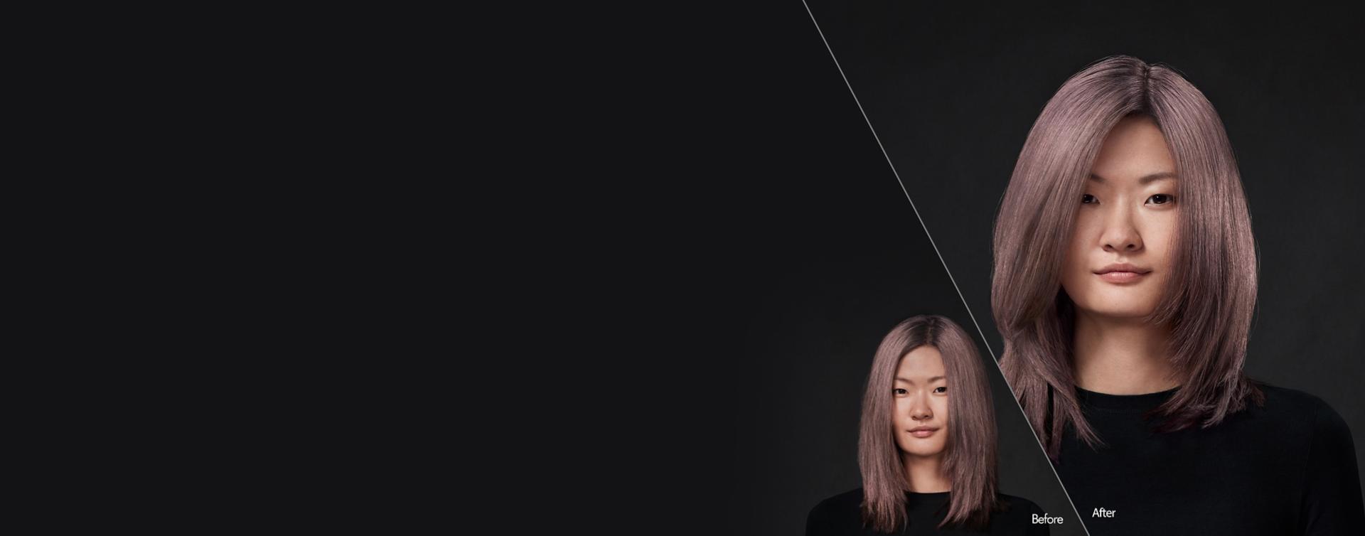 A brunette model. Her mid-length, straight hair on the left is unstyled. On the right, it is smooth and styled.