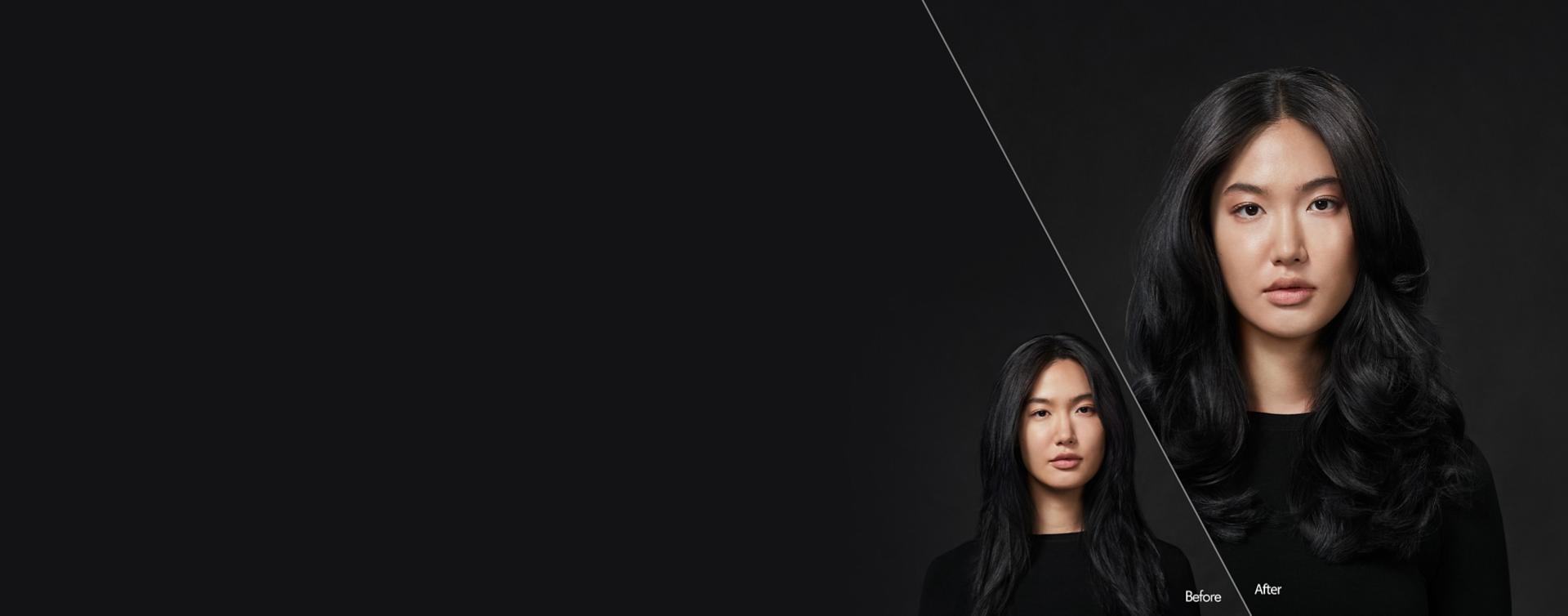 A model with black hair. On the left, her long, wavy hair is unstyled. On the right, it is wavy and styled.