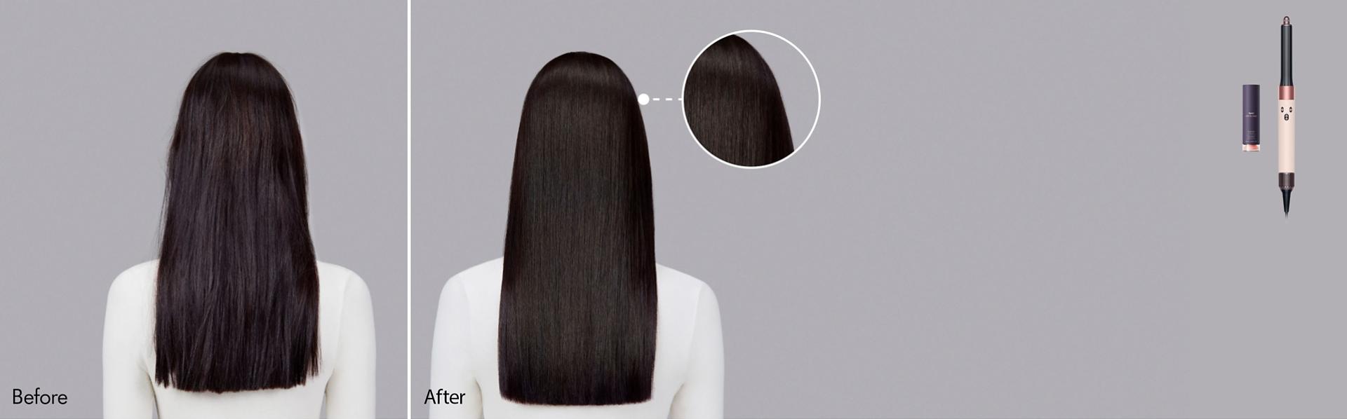 Dyson Chitosan Pre-style cream before and after results on straight hair.