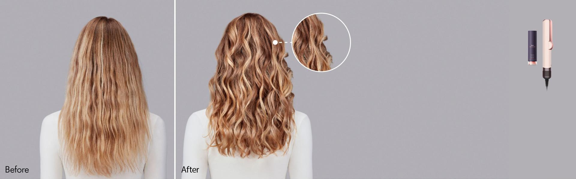 Dyson Chitosan Pre-style cream before and after results on wavy hair.