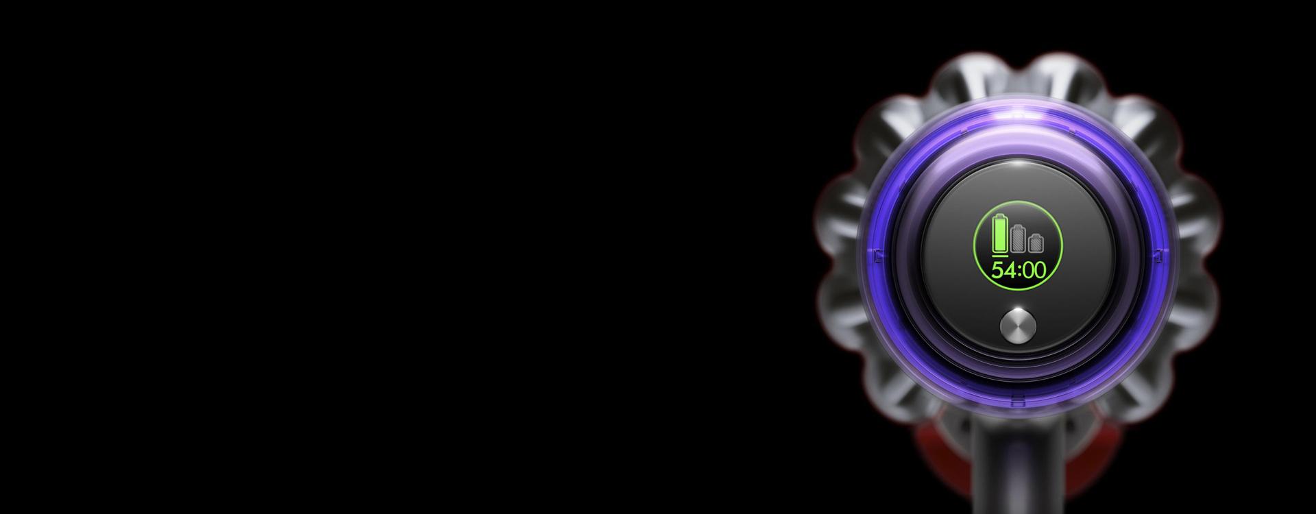 잔여 사용 시간을 보여주는 다이슨 V11 무선 청소기의 LCD 화면