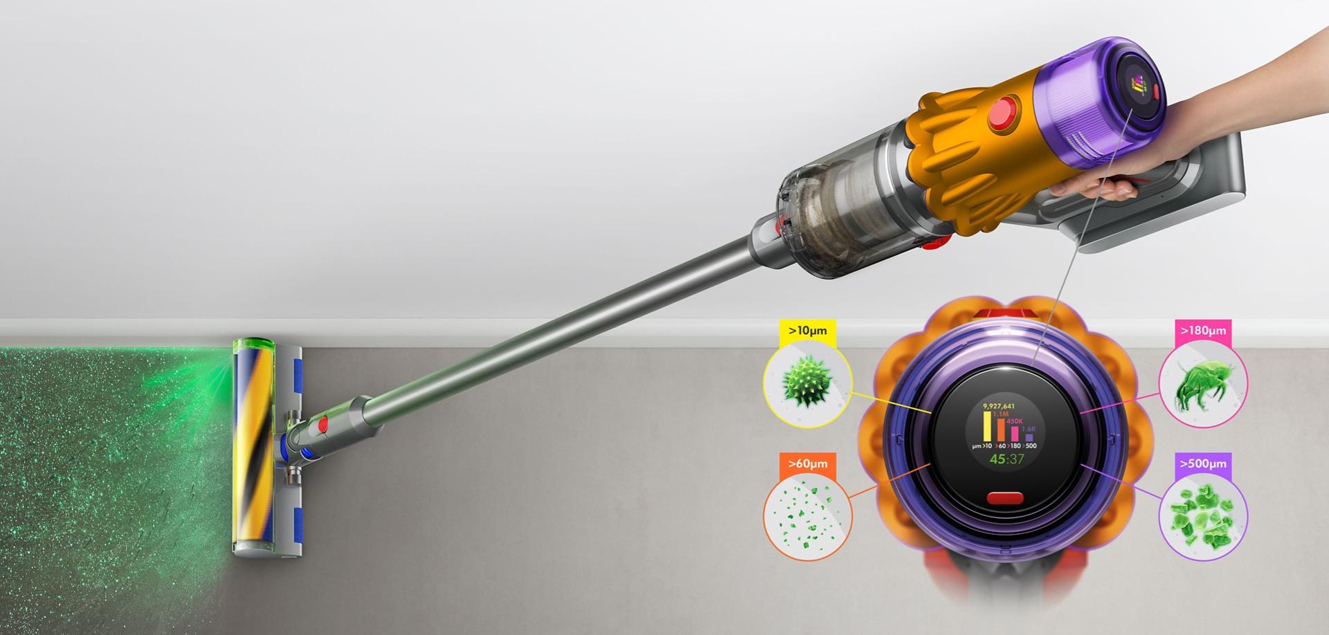 슬림 플러피 레이저 클리너 헤드가 장착된 다이슨 V12 디텍트 슬림이 감지된 먼지 크기를 보여주는 모습