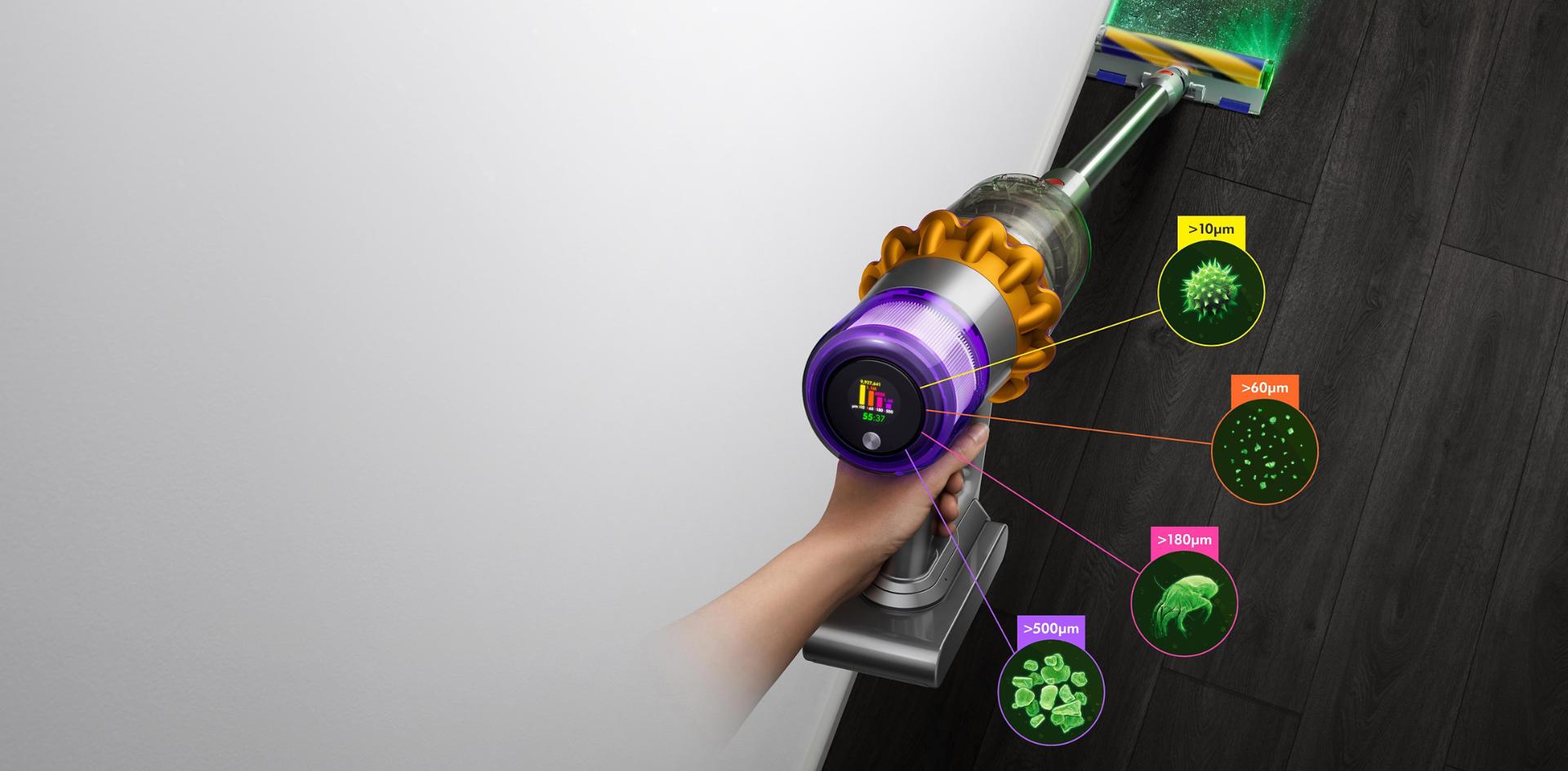 Dyson V15 Detect vacuum with Laser Slim Fluffy cleaner head, showing sizes of dust detected