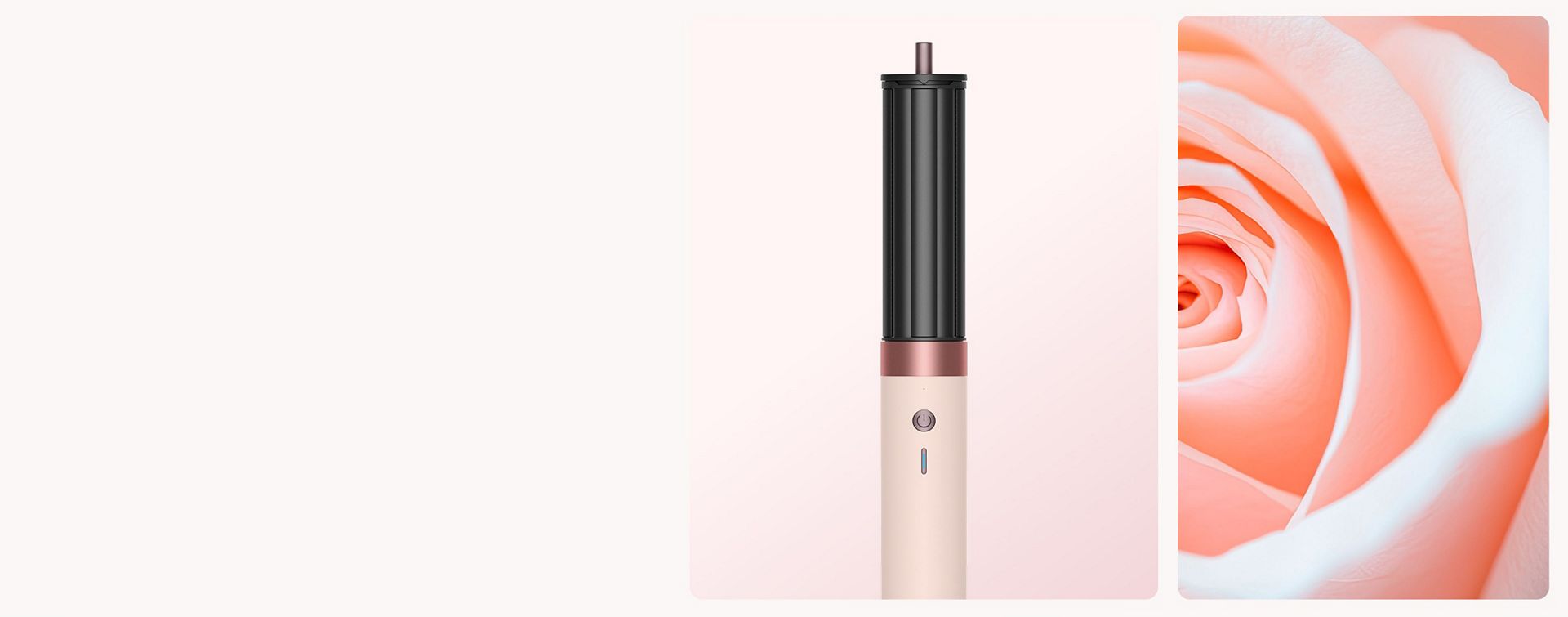 A blooming rose next to the Dyson Airwrap i.d. multi-styler and dryer in Ceramic pink and rose gold, and storage case.