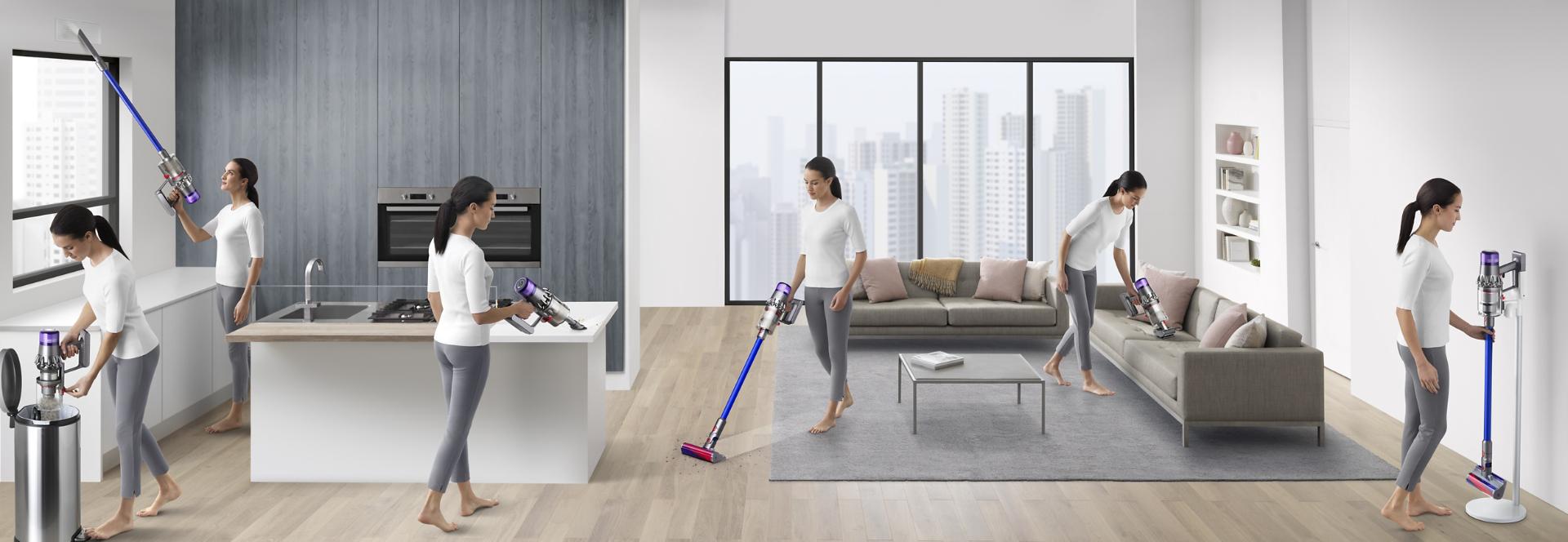 Woman vacuuming in different places around a home