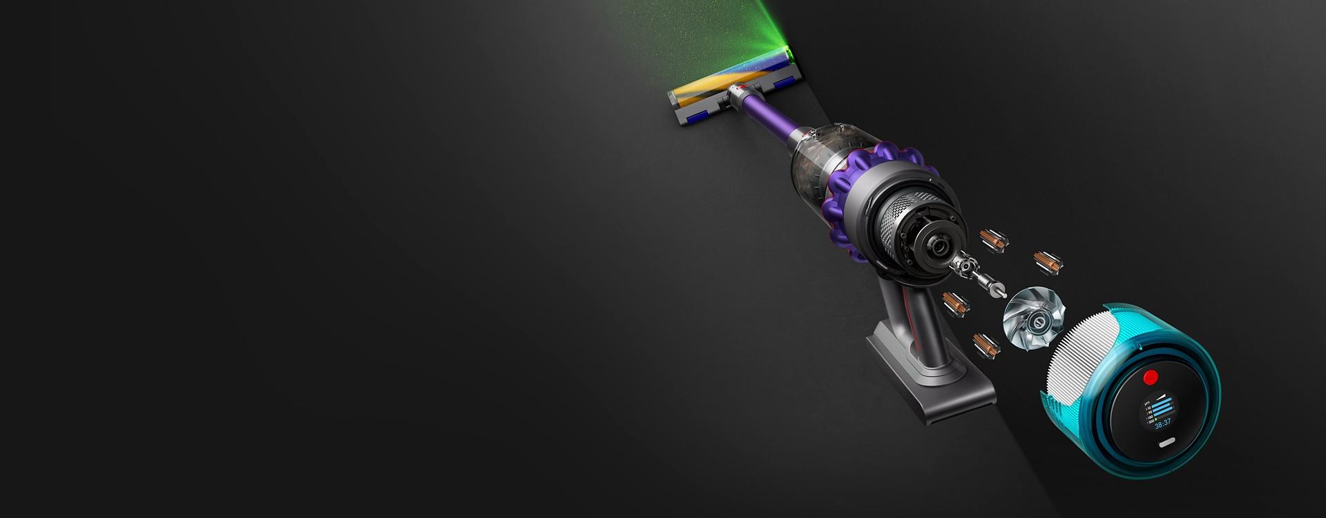 LCD 화면과 레이저 플러피 클리너 헤드를 강조해 다이슨 Gen5detect를 내려다본 모습