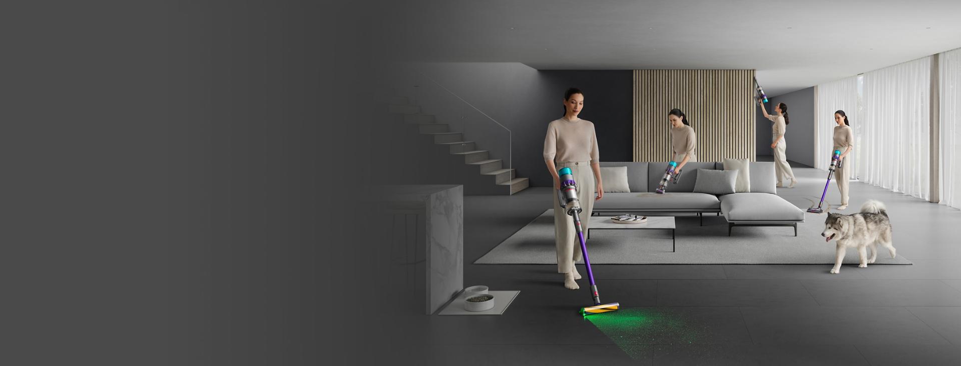 Woman cleaning in various places around the home