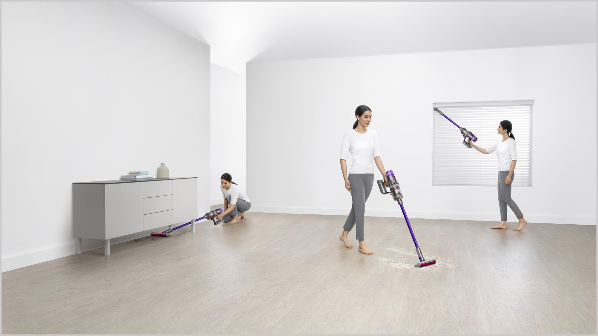 Woman cleaning in various places around the home