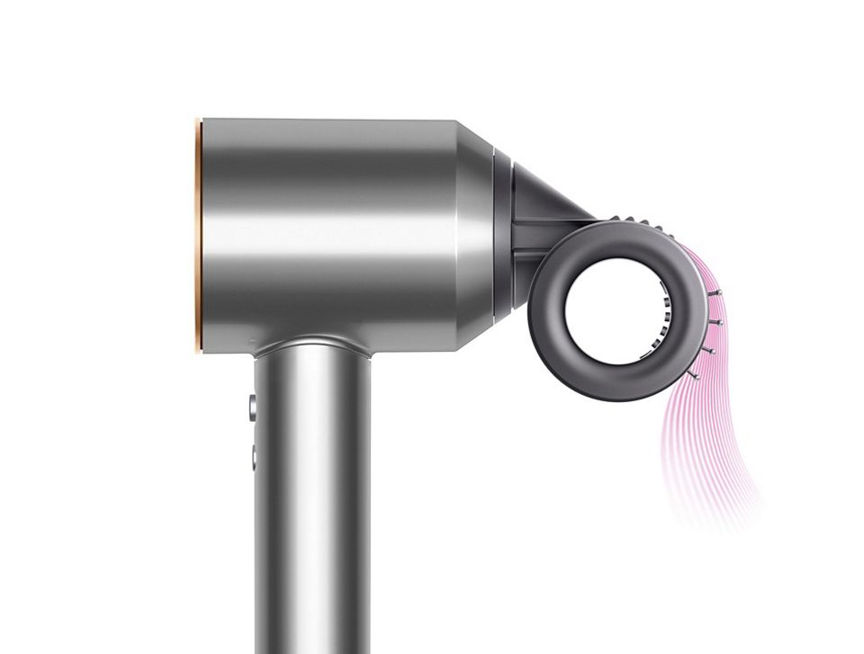 Side view of the Dyson Supersonic with Flyaway smoother attachment.