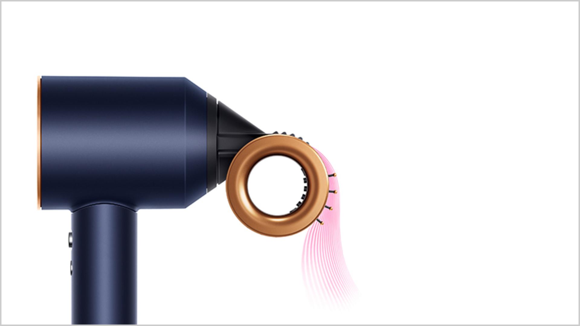 Side view of the Dyson Supersonic with Flyaway smoother attachment.