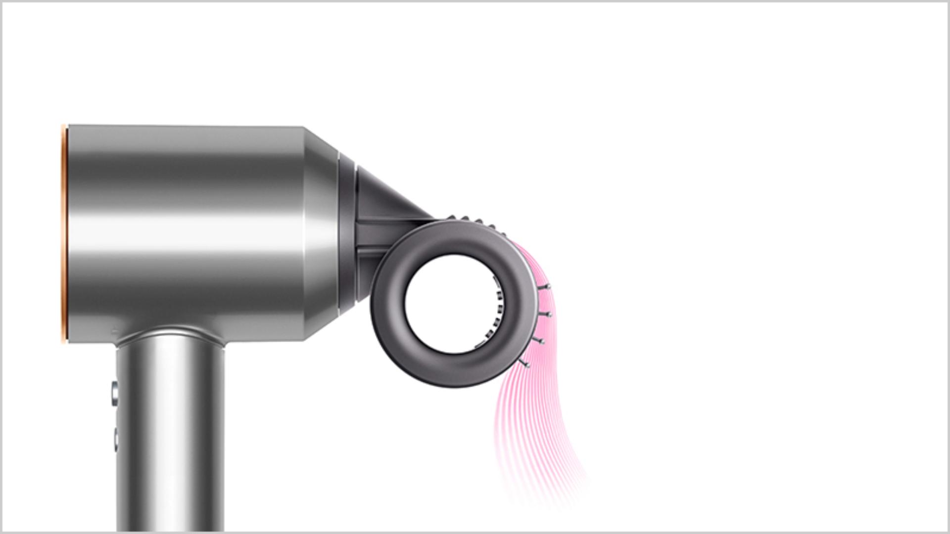 Side view of the Dyson Supersonic with Flyaway smoother attachment.