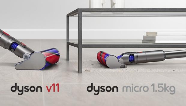 Dyson Micro 1.5kg cleaner head cleaning under a table, in comparison to Dyson V11 cleaner head