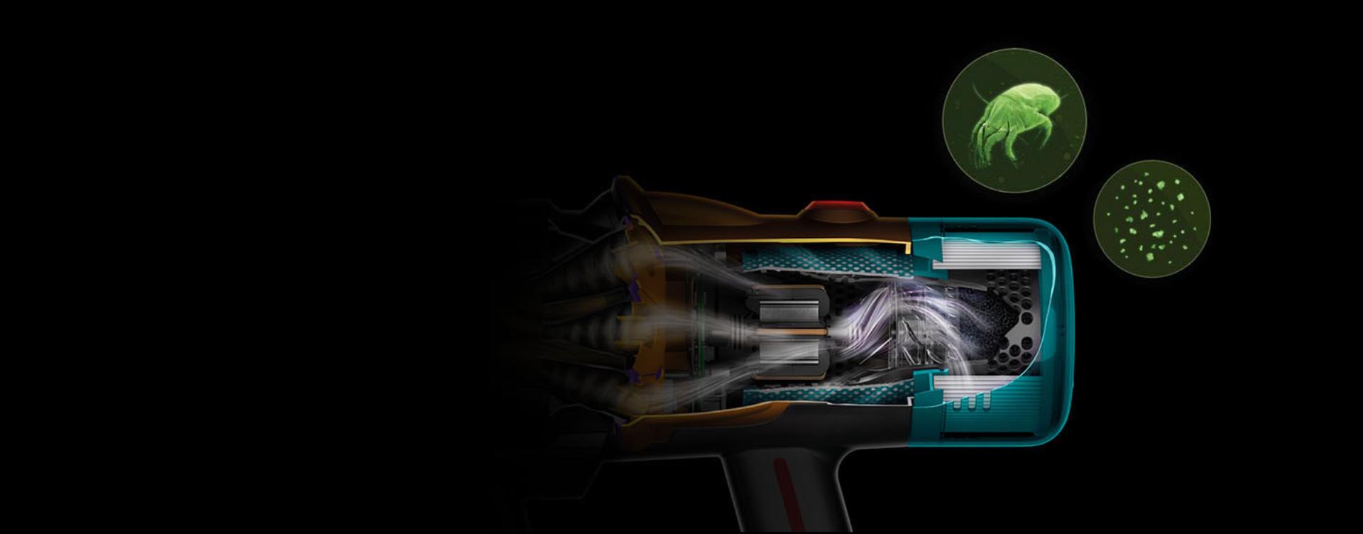 The filter inside the Dyson V12s Detect Slim Submarine wet and dry vacuum cleaner.
