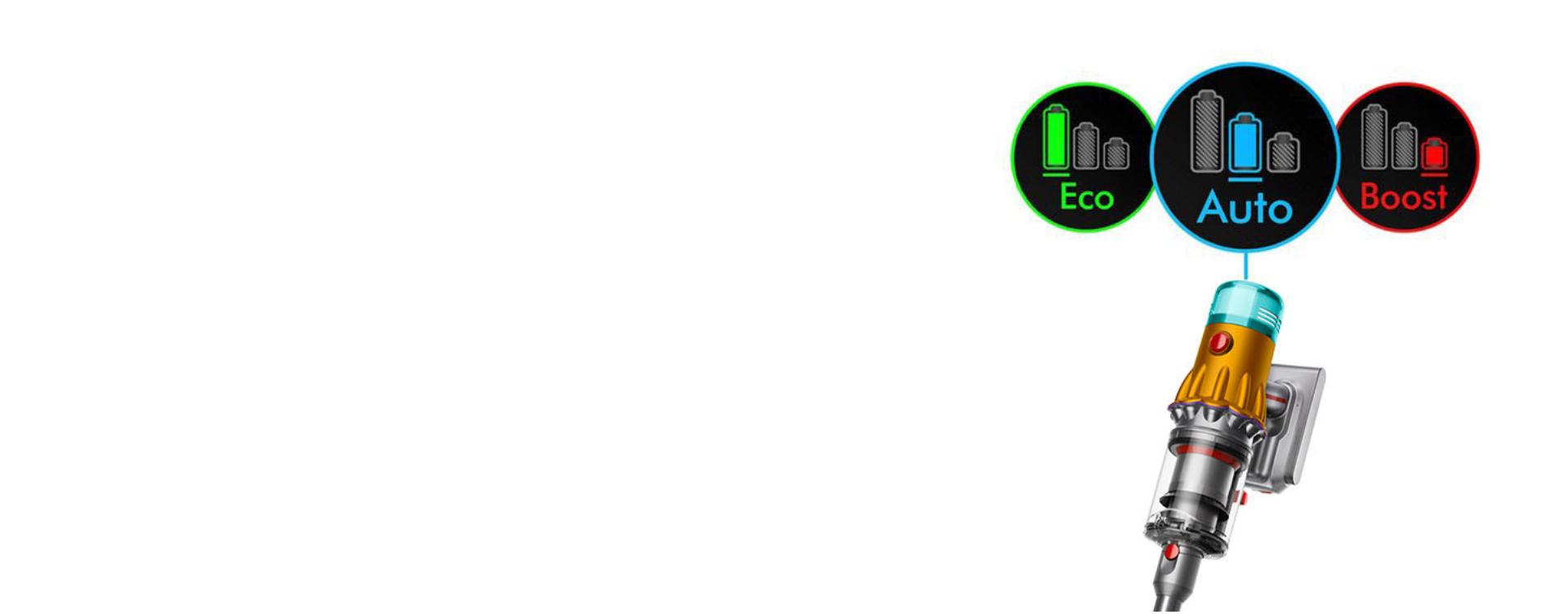 The three power modes as seen on the LCD screen of the Dyson V12s Detect Slim Submarine.