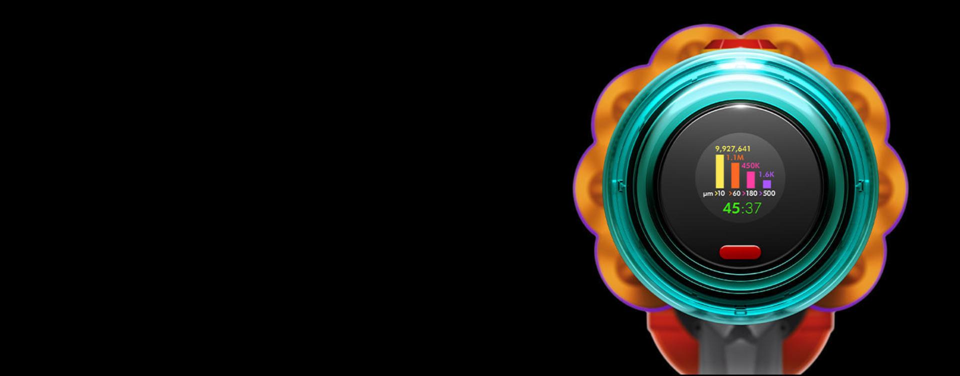 The Dyson V12s Detect Slim Submarine wet and dry vacuum cleaner's LCD screen.