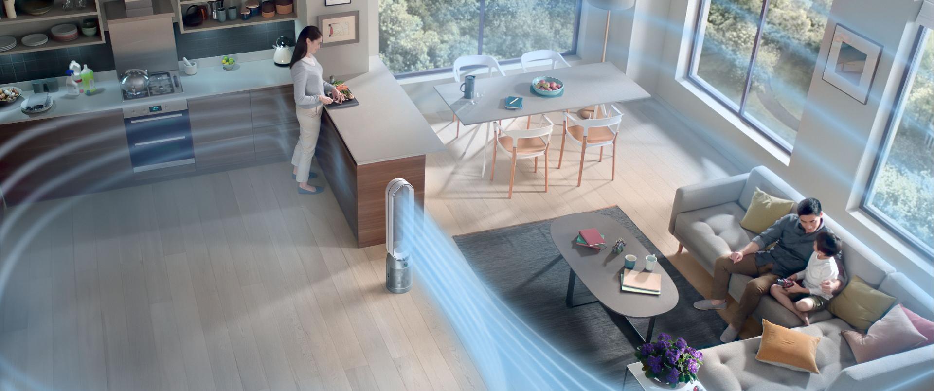 Phòng khách rộng được lọc sạch bởi máy lọc không khí Dyson