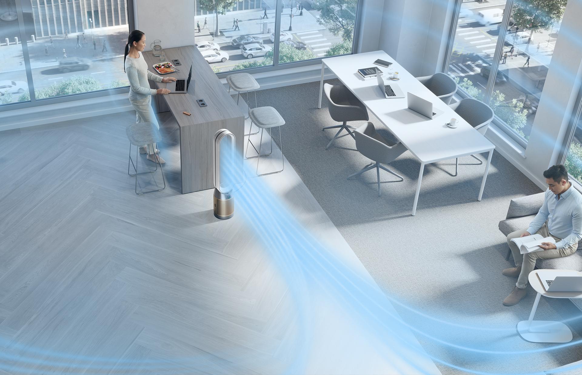 A graphics to show a Dyson Fan heating, cooling and purifying