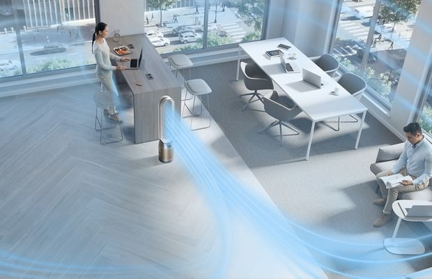A graphics to show a Dyson Fan heating, cooling and purifying