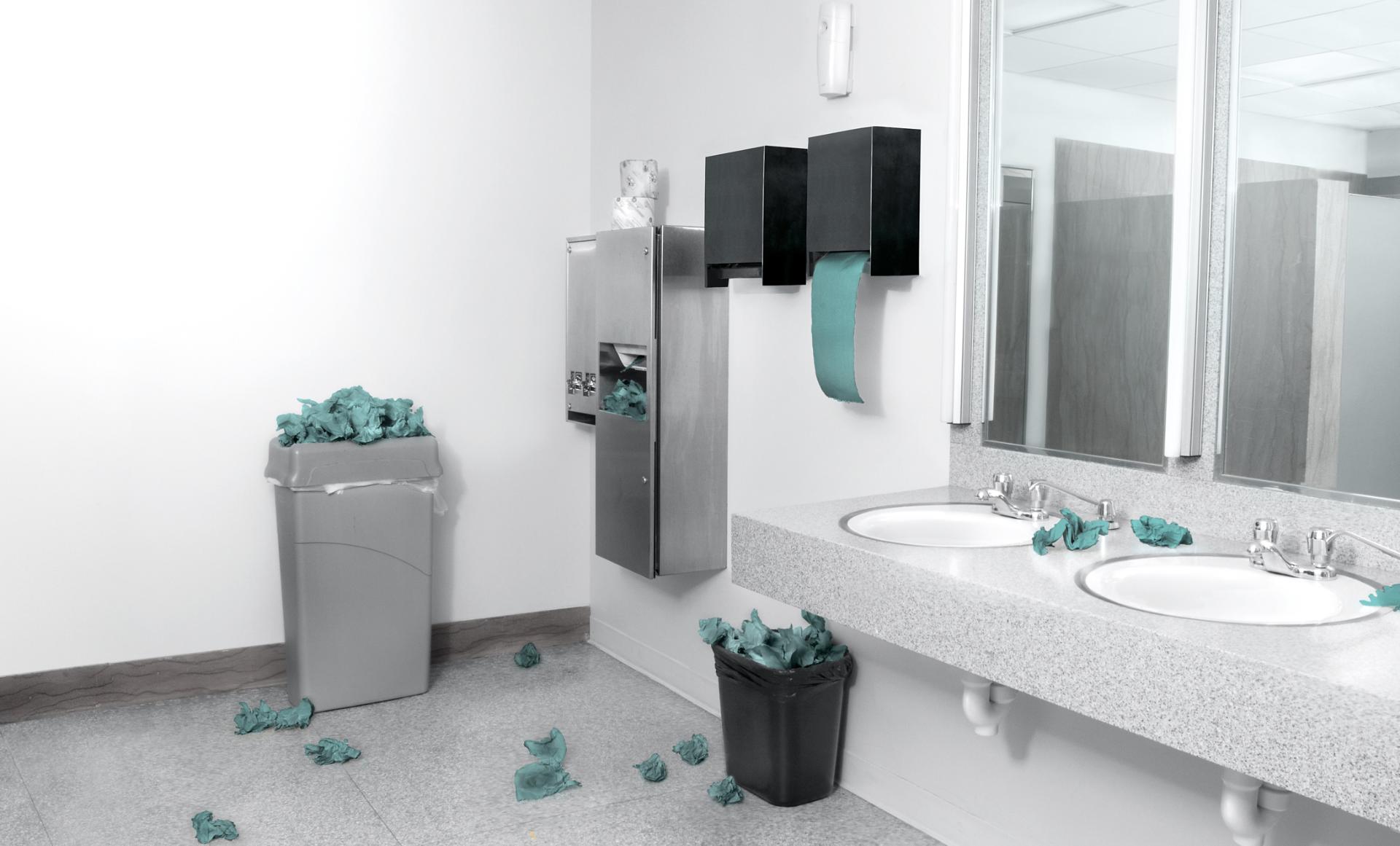 Baño con toallas de papel en el piso y en contenedores desbordados