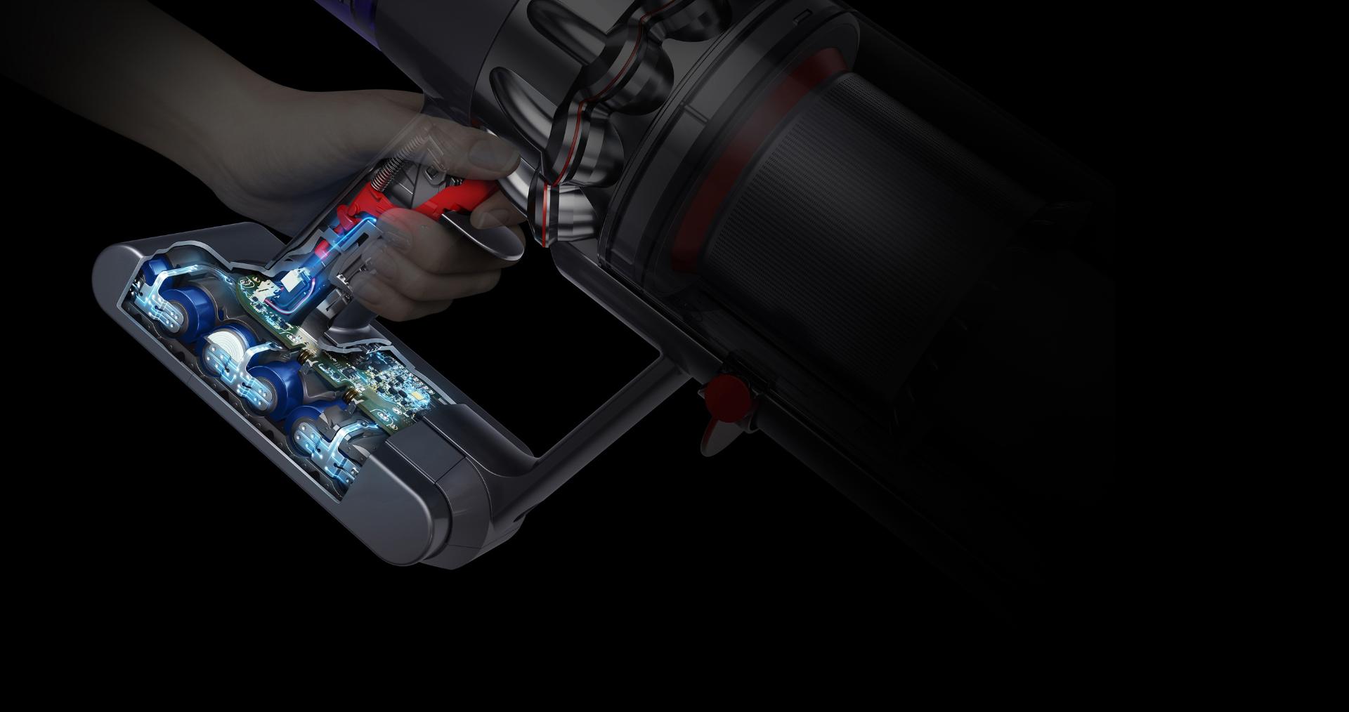 Cutaway diagram of Dyson V11™ vacuum trigger and battery