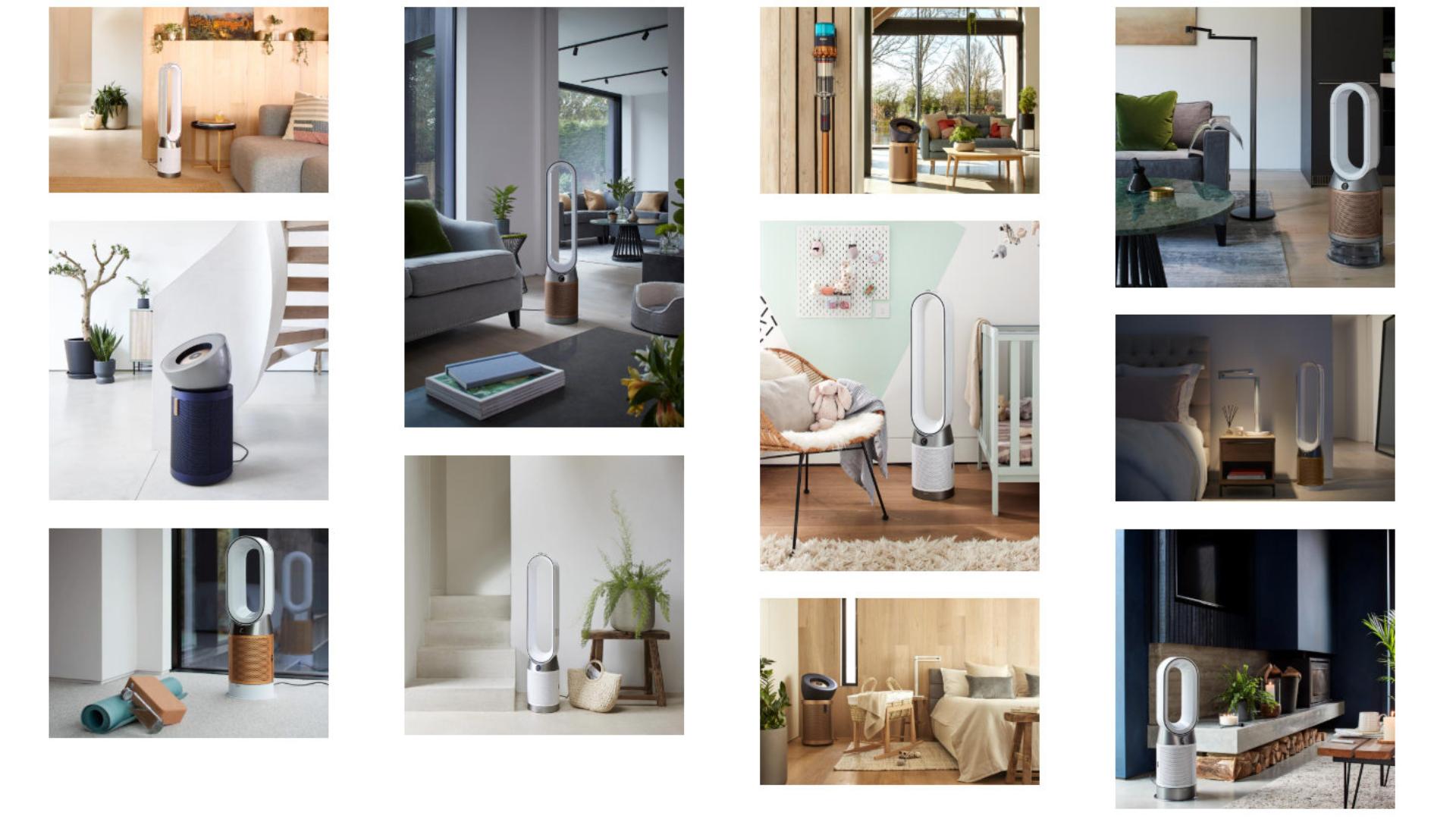 Różne zdjęcia oczyszczaczy powietrza Dyson w różnych aranżacjach wnętrz