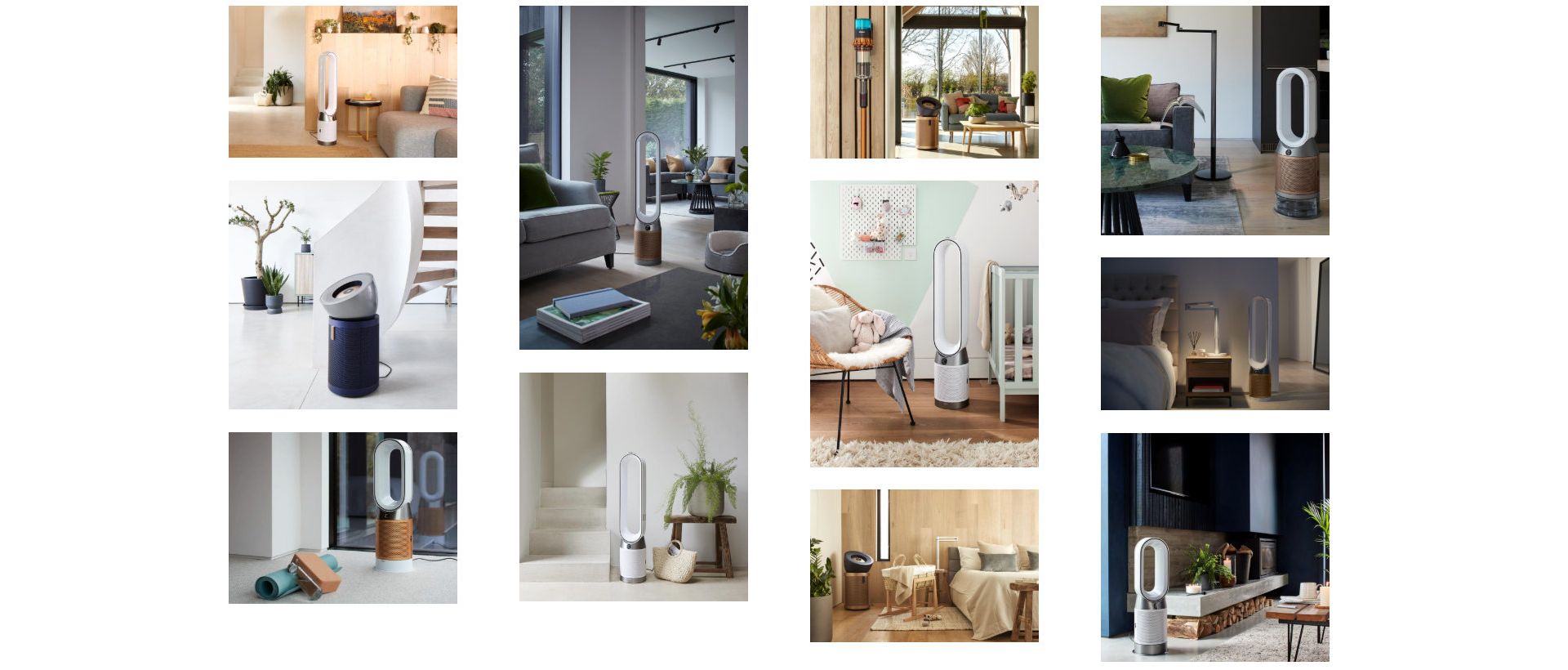 Różne zdjęcia oczyszczaczy powietrza Dyson w różnych aranżacjach wnętrz