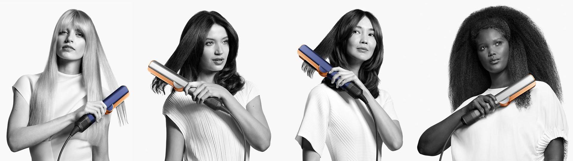 4 Modelki z różnym typem włosów używające Aeroprostownicy Dyson Airstrait