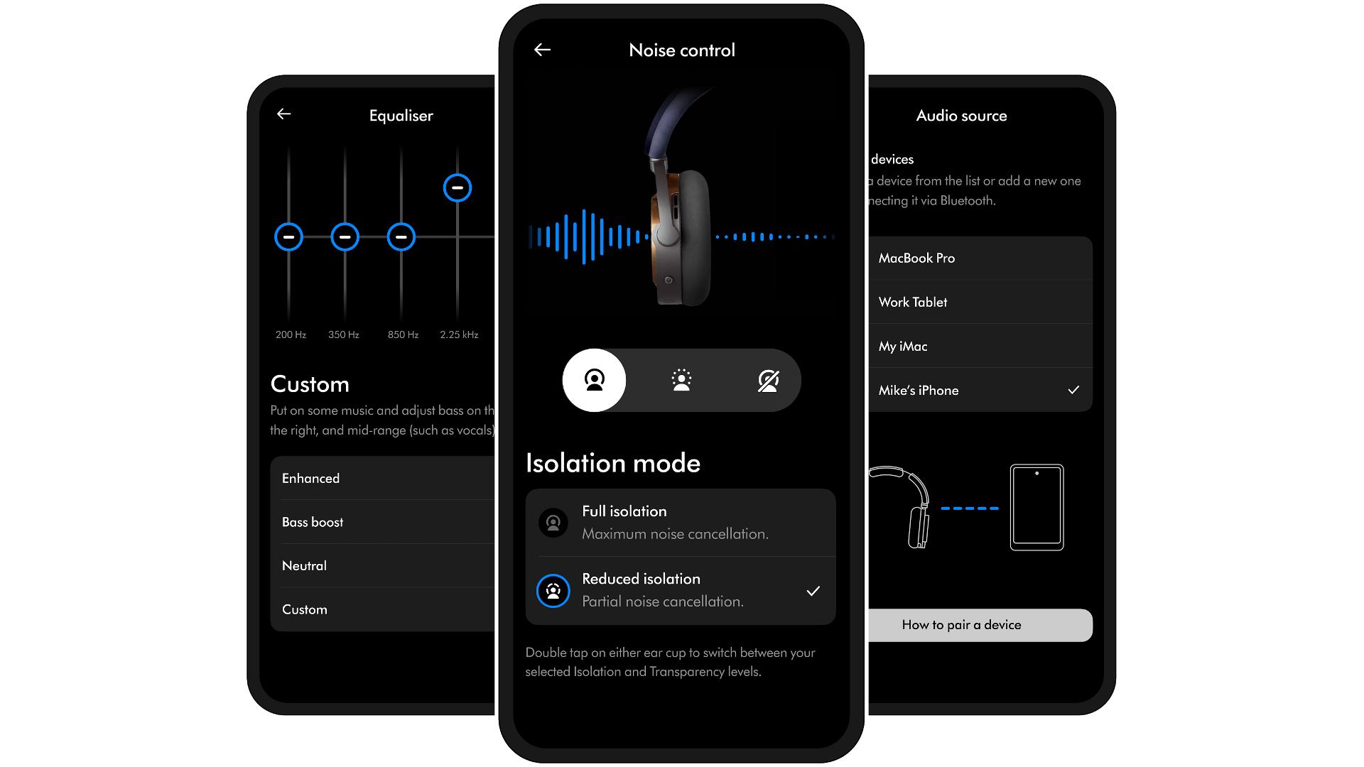 Trzy ekrany z aplikacją MyDyson pokazujące nowe funkcje