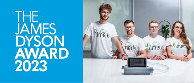 logo James Dyson Award 2023 oraz członkowie pd meds, zwycięskiego zespołu nagrody w Polsce