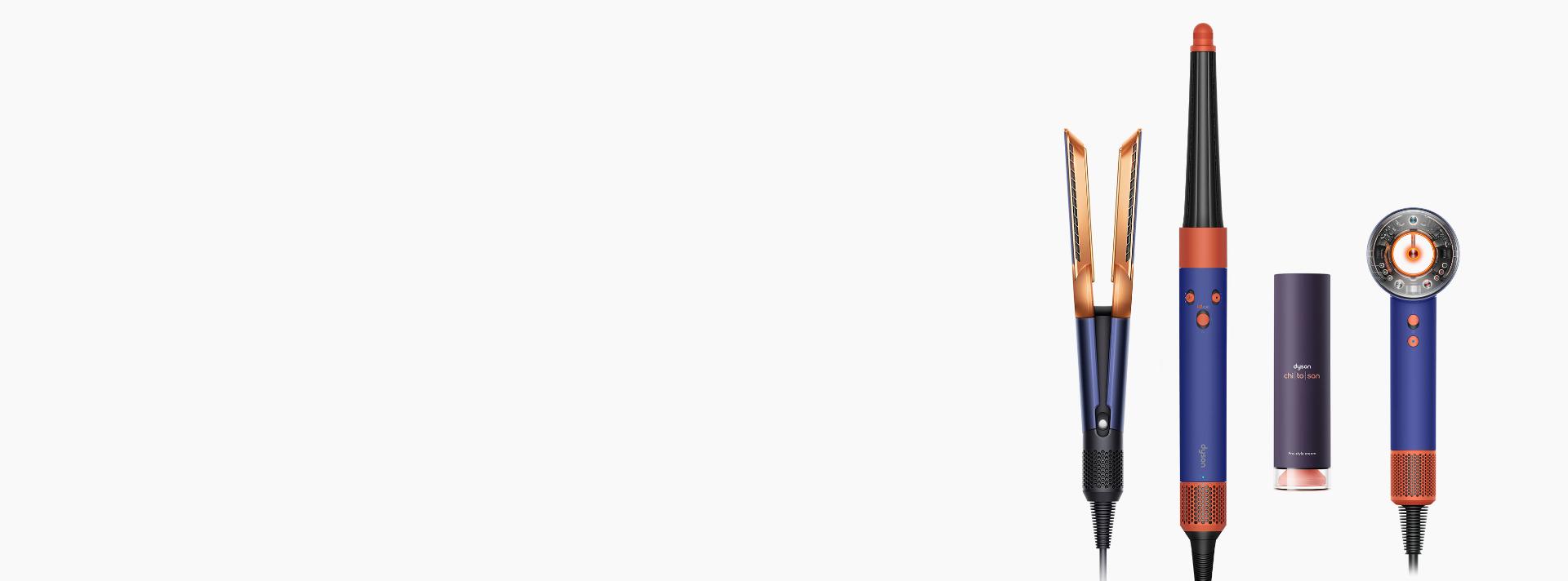 A line-up of Dyson hair care machines