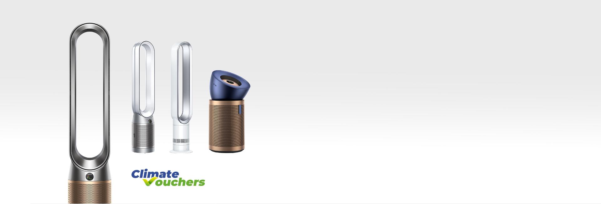 Dyson Air purifiers range with climate voucher logo