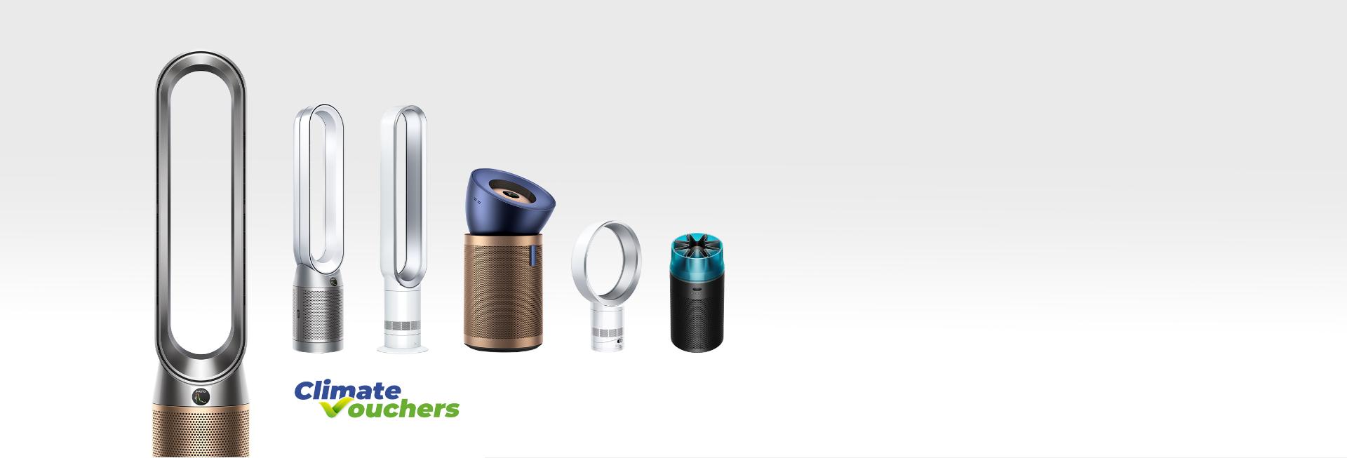 Dyson Air purifiers range with climate voucher logo