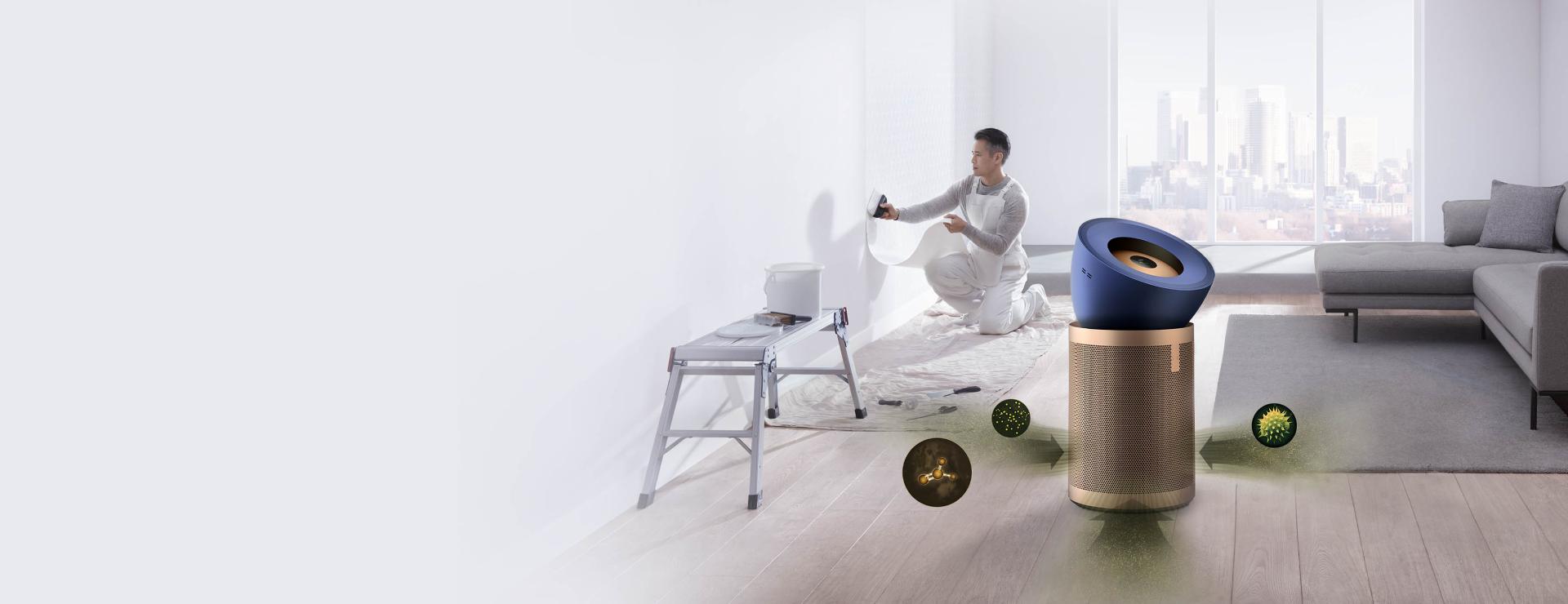 A man cooking on a gas hob with an air quality graphic line indicating indoor pollution levels.